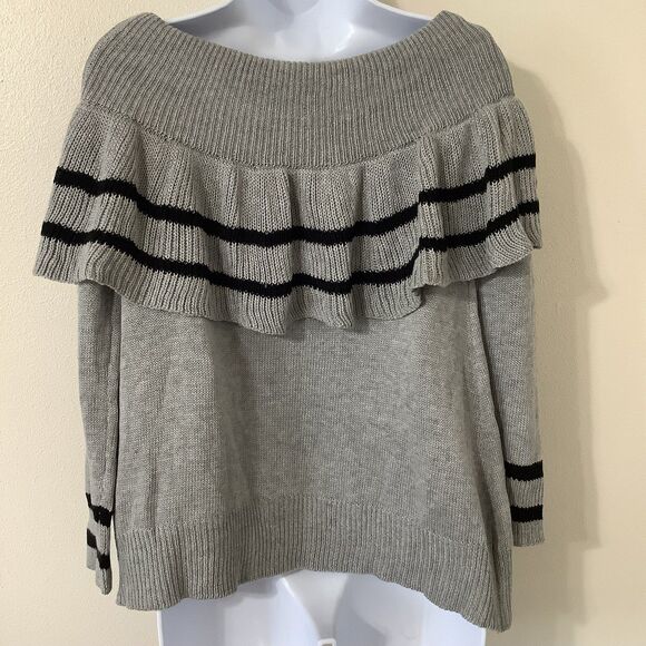 Very J Ruffle Top Knit Comfy Cozy Cozycore Grey Striped Knitted Sweater Large - Picture 4 of 11